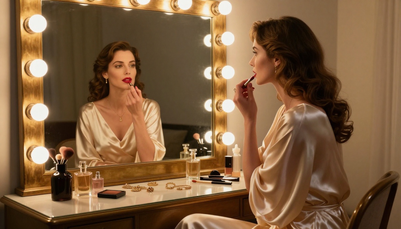 Woman in champagne silk dress at Hollywood vanity mirror, warm bulb lighting