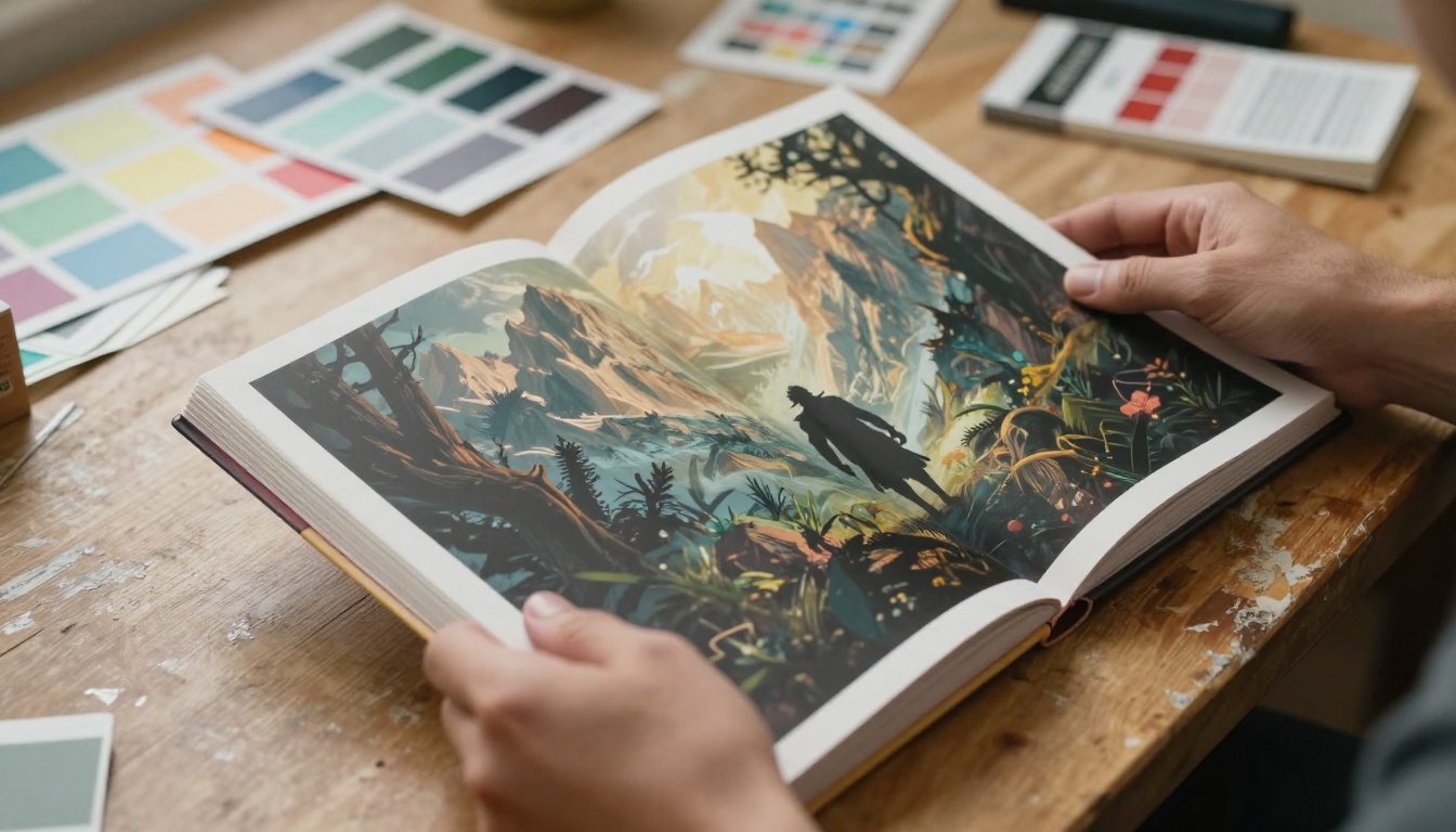 Professional graphic designer holding a fantasy novel book cover proof over a studio desk Professional graphic designer holding a fantasy novel book cover proof over a studio desk