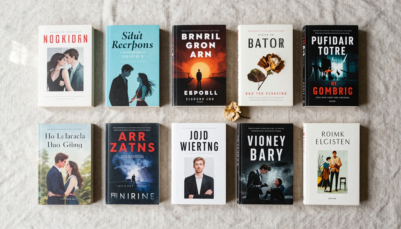 Overhead aerial flat-lay of six genre paperback books arranged on a rough linen surface in soft morning light Overhead aerial flat-lay of six genre paperback books arranged on a rough linen surface in soft morning light