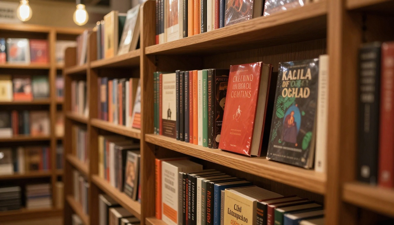 Independent bookstore wooden display shelf filled with richly designed paperback and hardcover books in warm Edison light Independent bookstore wooden display shelf filled with richly designed paperback and hardcover books in warm Edison light
