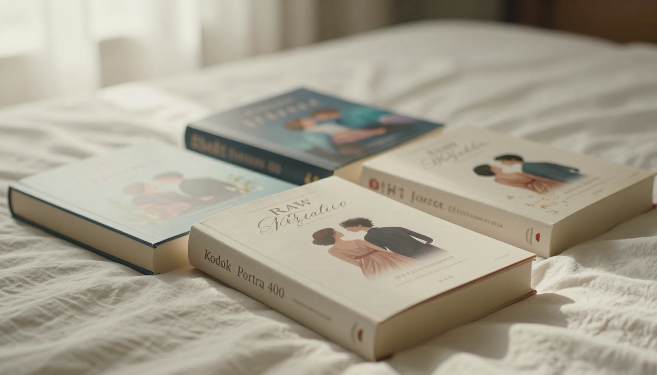 Three romance paperback novels arranged on a soft cream cotton surface with gentle morning side light Three romance paperback novels arranged on a soft cream cotton surface with gentle morning side light