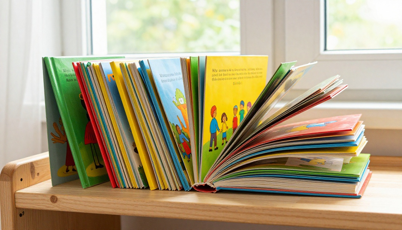 Colorful children's picture books spread open and stacked on a bright wooden nursery shelf in natural daylight Colorful children's picture books spread open and stacked on a bright wooden nursery shelf in natural daylight