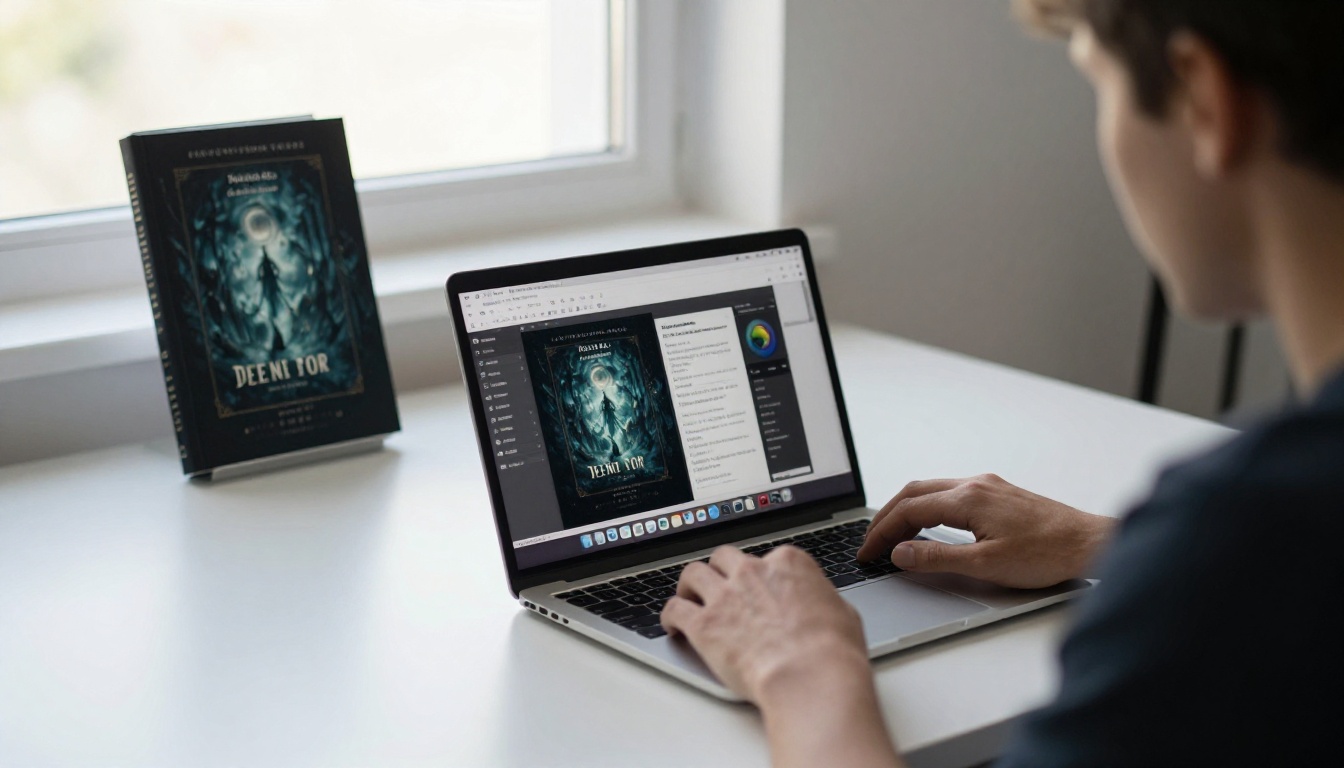 Writer at a minimalist desk with a laptop showing a book cover design layout alongside a printed cover mockup Writer at a minimalist desk with a laptop showing a book cover design layout alongside a printed cover mockup