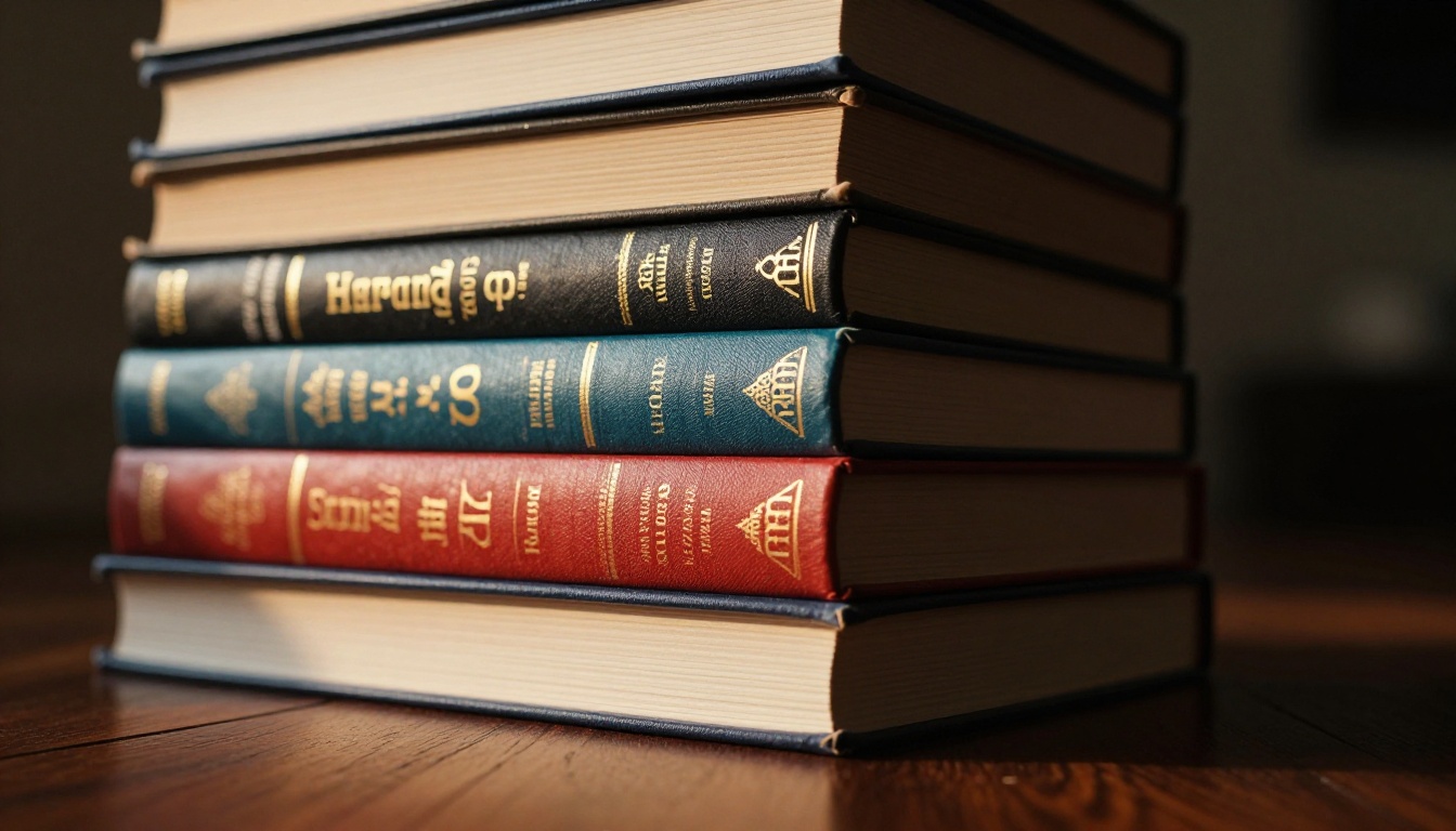 Low-angle close-up shot of a tall stack of hardcover books with richly detailed spines catching warm directional light Low-angle close-up shot of a tall stack of hardcover books with richly detailed spines catching warm directional light