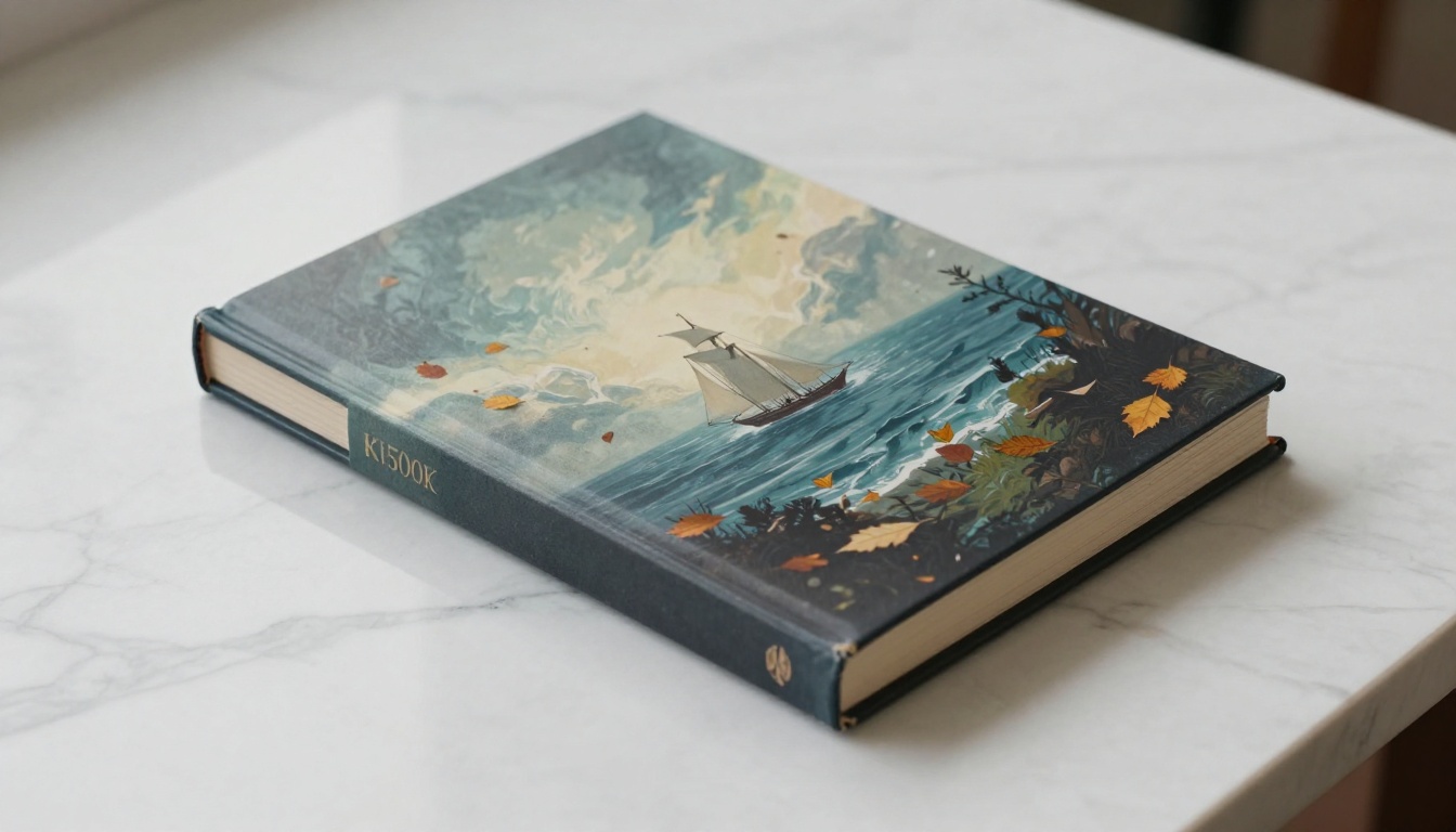 Elegant hardcover book on white marble surface surrounded by scattered autumn leaves, overhead flat-lay Elegant hardcover book on white marble surface surrounded by scattered autumn leaves, overhead flat-lay