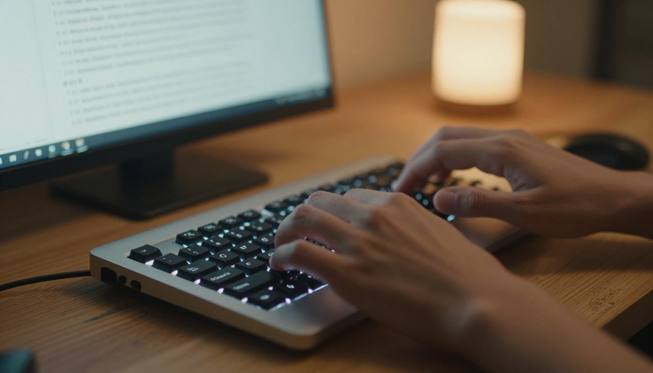 Close-up of hands typing a detailed AI prompt on a backlit mechanical keyboard at a wooden desk