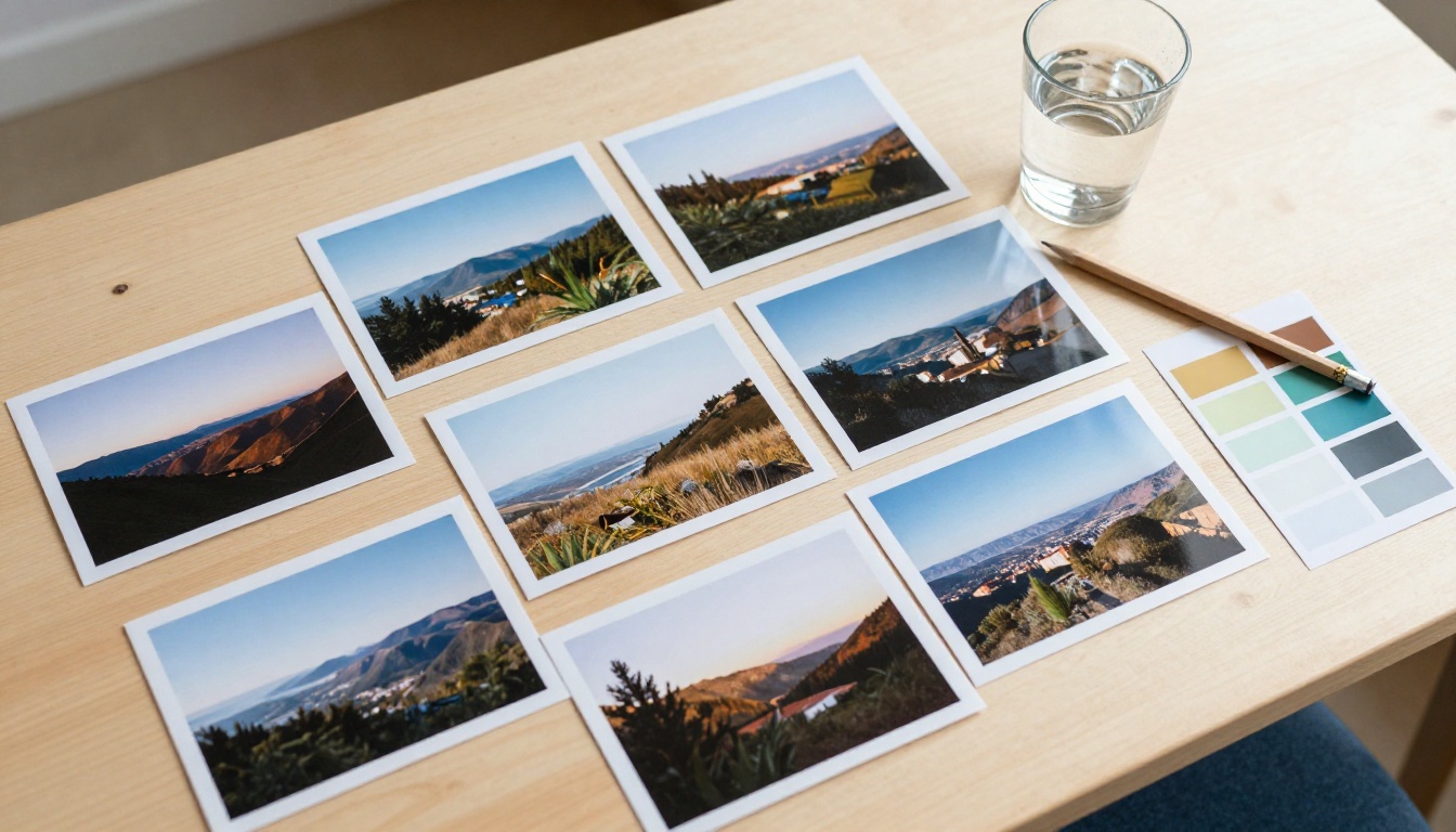 Aerial top-down view of a wooden workspace with printed photographs arranged in multiple aspect ratios spread across the table