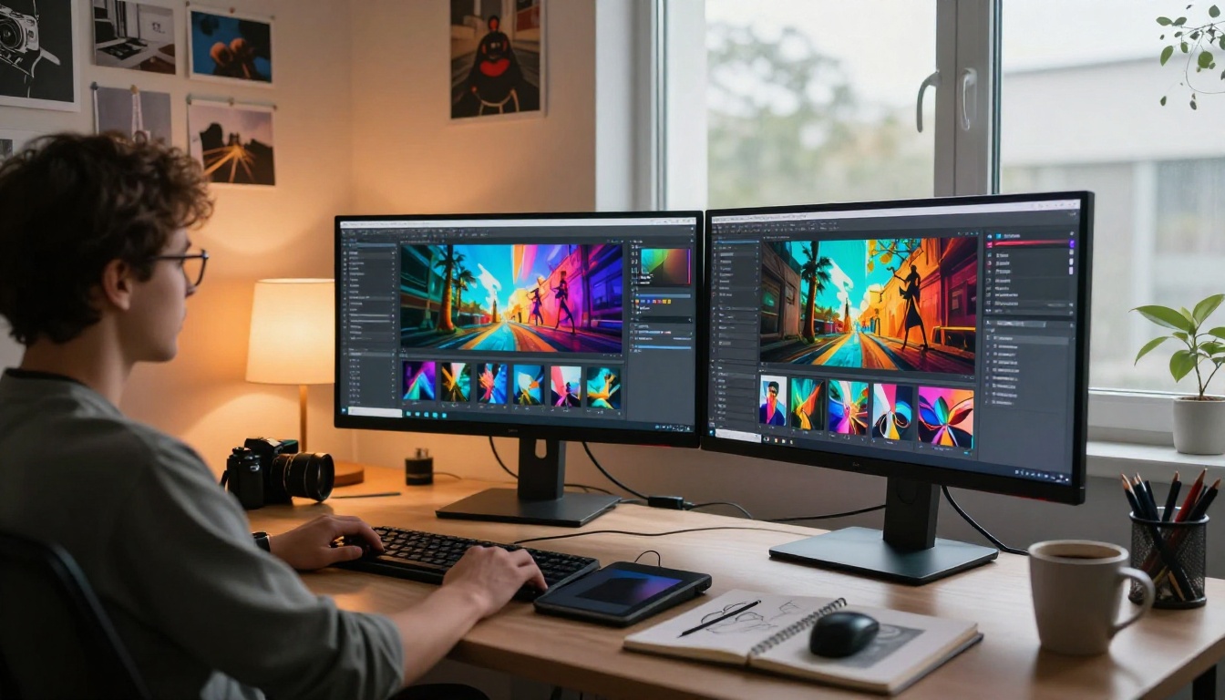 AI creator at digital workstation generating images with dual monitors and professional equipment AI creator at digital workstation generating images with dual monitors and professional equipment