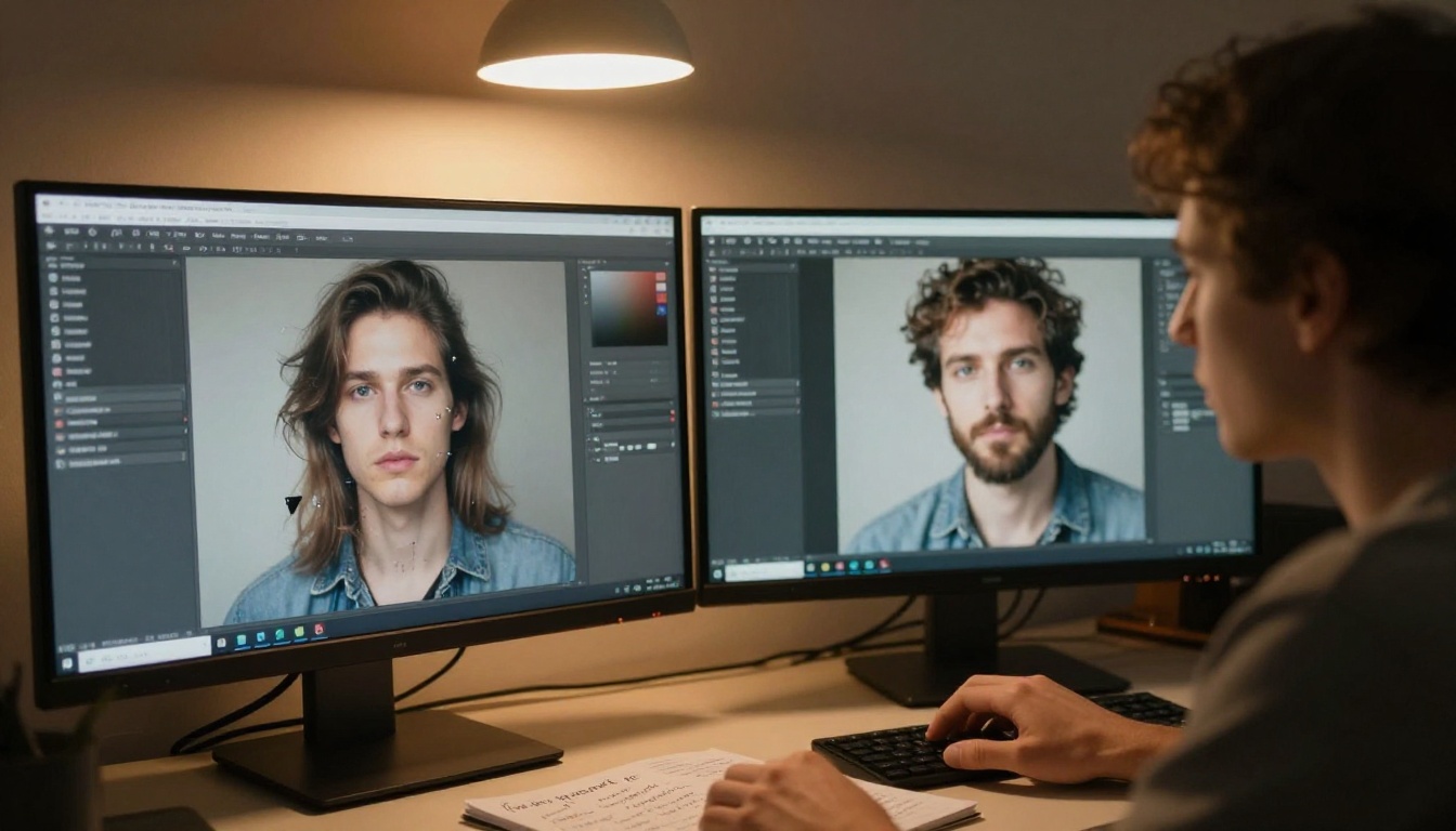 Person at dual monitors comparing a blurry low-quality AI portrait on the left with a sharp photorealistic result on the right