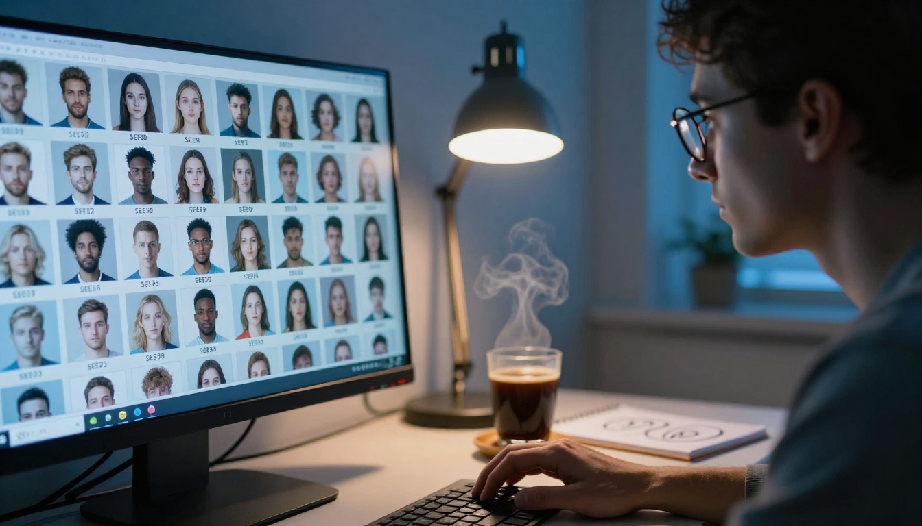 Person studying seed values and AI generation grid variations on a large monitor with a coffee mug and notepad nearby