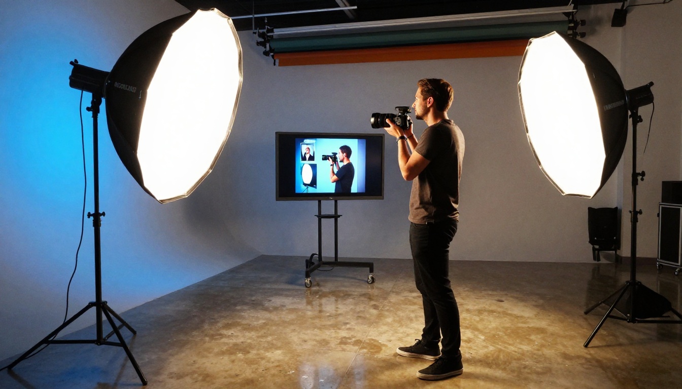 Low-angle view of a professional photography studio with softbox lighting and AI-generated reference images visible on a monitor in the background