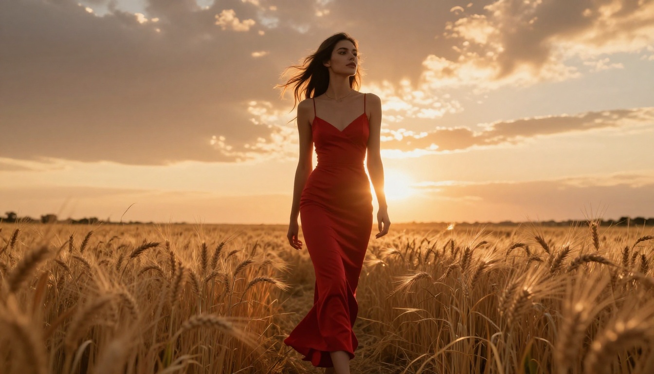 Fashion model in red gown walking through golden wheat field, magic hour sunset, cinematic backlight Fashion model in red gown walking through golden wheat field, magic hour sunset, cinematic backlight