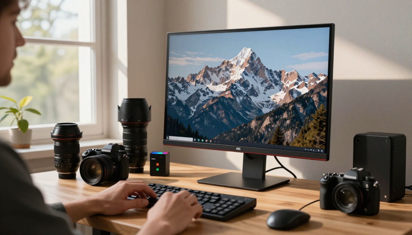 AI studio workstation displaying generated images on a professional 4K monitor AI studio workstation displaying generated images on a professional 4K monitor