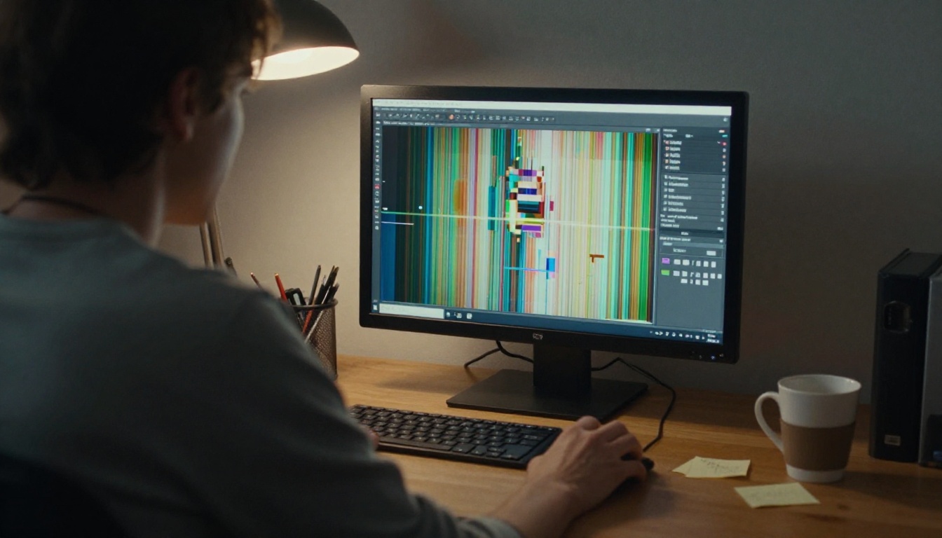 Person hunched at a desk staring at an over-processed AI image showing visible pixelation and color banding artifacts on a monitor