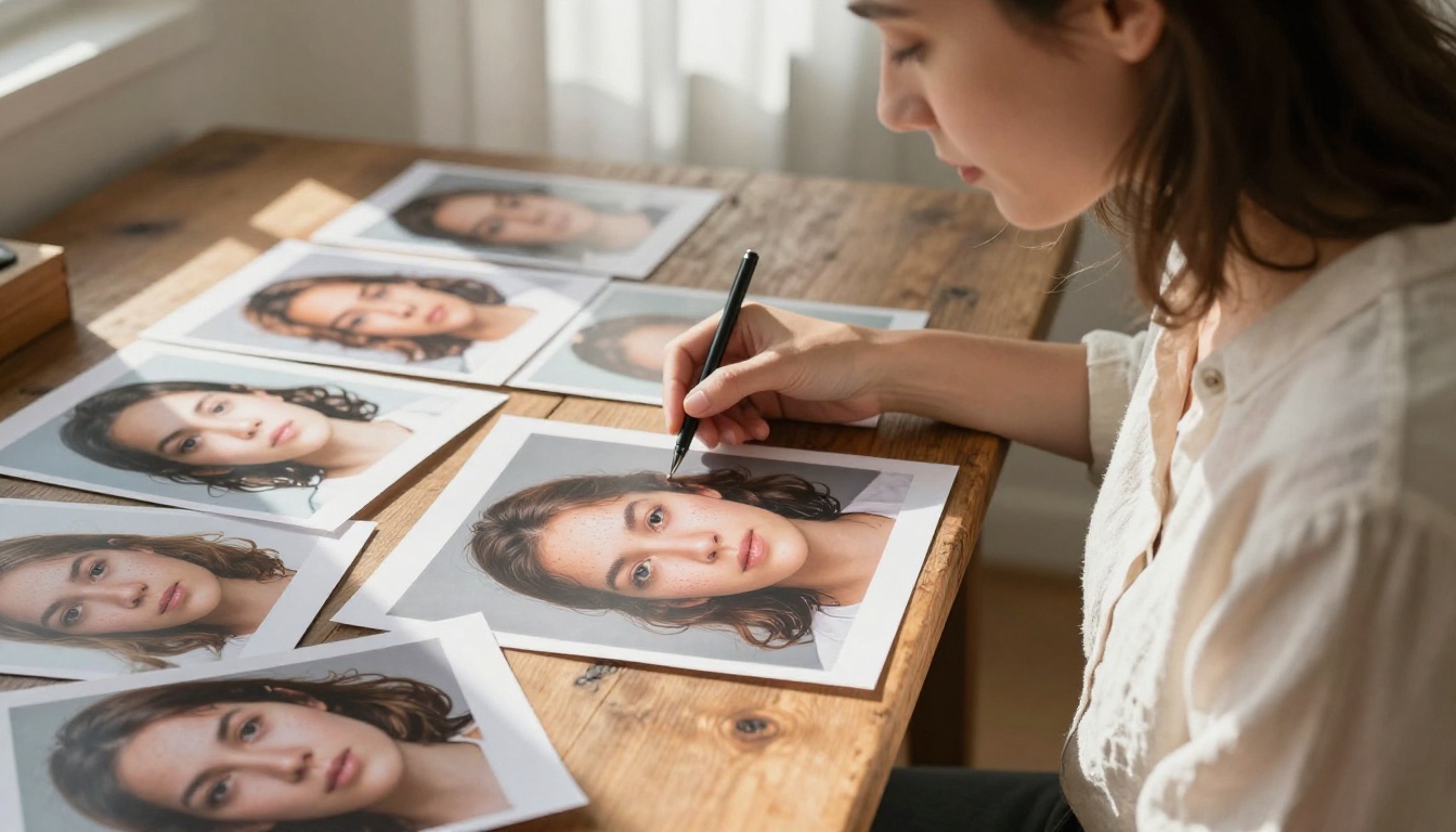 Female photographer reviewing printed AI-generated portrait photographs at a rustic wooden desk Female photographer reviewing printed AI-generated portrait photographs at a rustic wooden desk