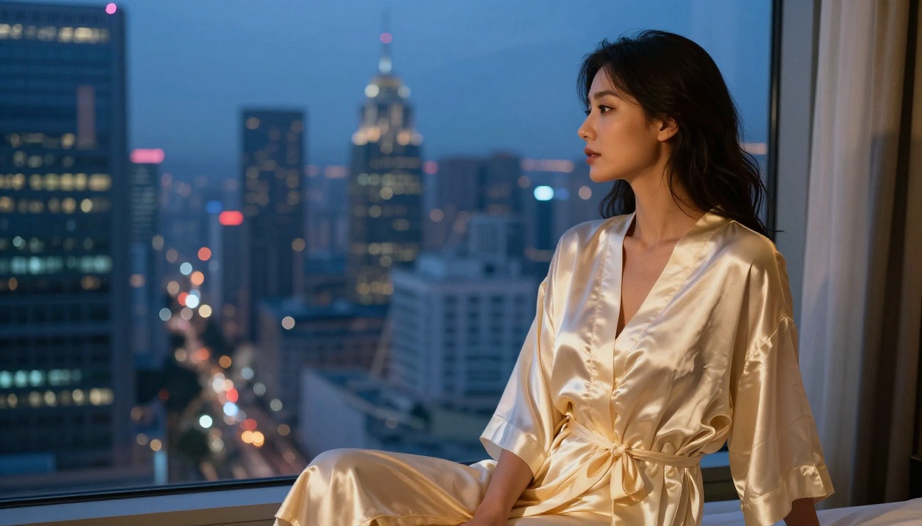 Woman in cream silk robe beside floor-to-ceiling window, city skyline at dusk, warm interior meets cool city lights Woman in cream silk robe beside floor-to-ceiling window, city skyline at dusk, warm interior meets cool city lights