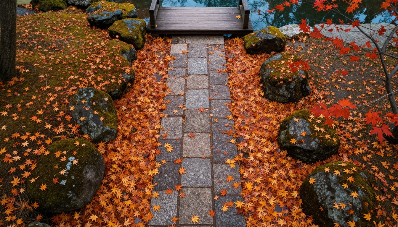 Aerial view of a traditional Japanese garden in peak autumn from directly above Aerial view of a traditional Japanese garden in peak autumn from directly above