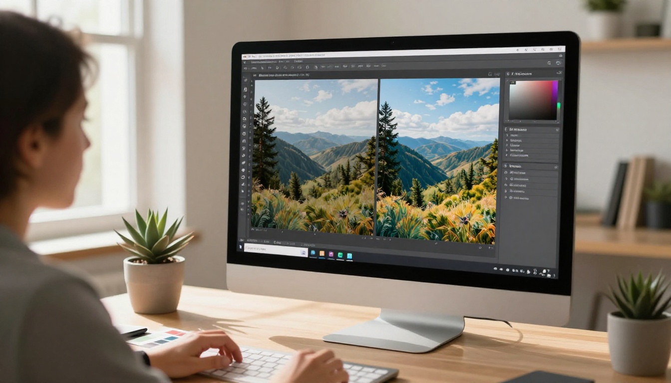 Creative designer using a split-panel image-to-image interface with a landscape reference on the left and the AI-generated result on the right
