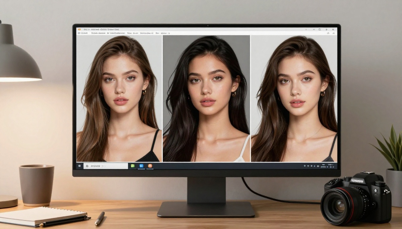 AI image quality comparison on professional monitor screen, creative studio desk, photorealistic output display AI image quality comparison on professional monitor screen, creative studio desk, photorealistic output display