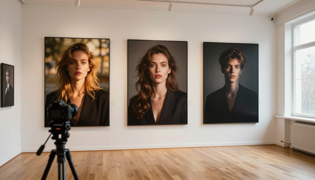 Three large-format photorealistic portrait prints in distinct lighting styles, golden hour, studio, and chiaroscuro, mounted on a gallery studio wall