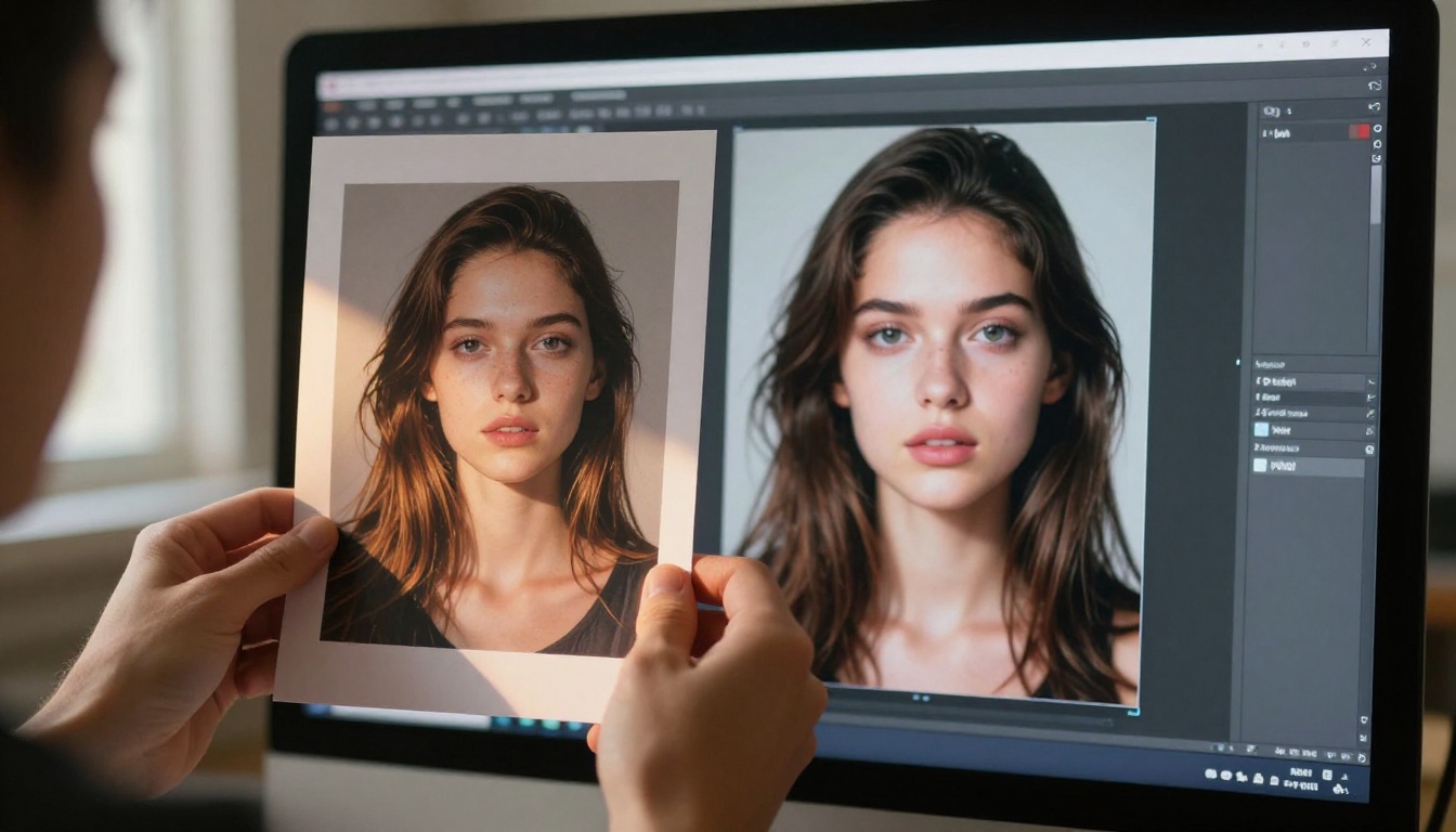 Creative professional hands holding a printed reference photograph next to a sharp AI-generated result displayed on a monitor in warm afternoon light
