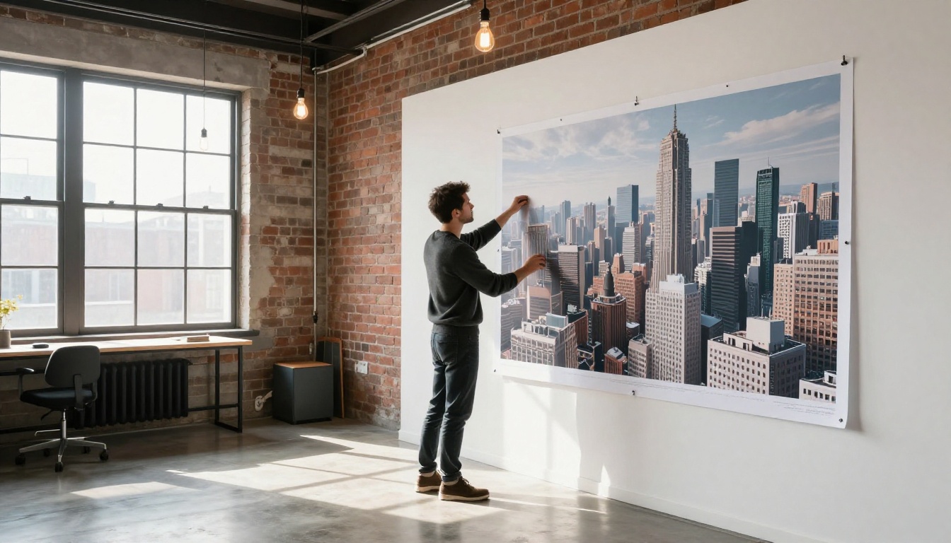 Creative director standing in a sun-drenched studio examining a large-format AI-generated printout Creative director standing in a sun-drenched studio examining a large-format AI-generated printout
