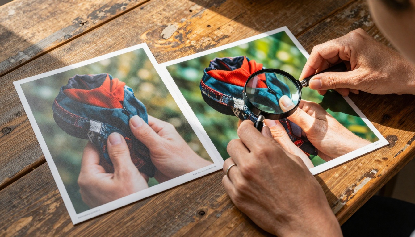 Two printed photographs side by side on a wooden table showing quality comparison with jeweler's loupe Two printed photographs side by side on a wooden table showing quality comparison with jeweler's loupe
