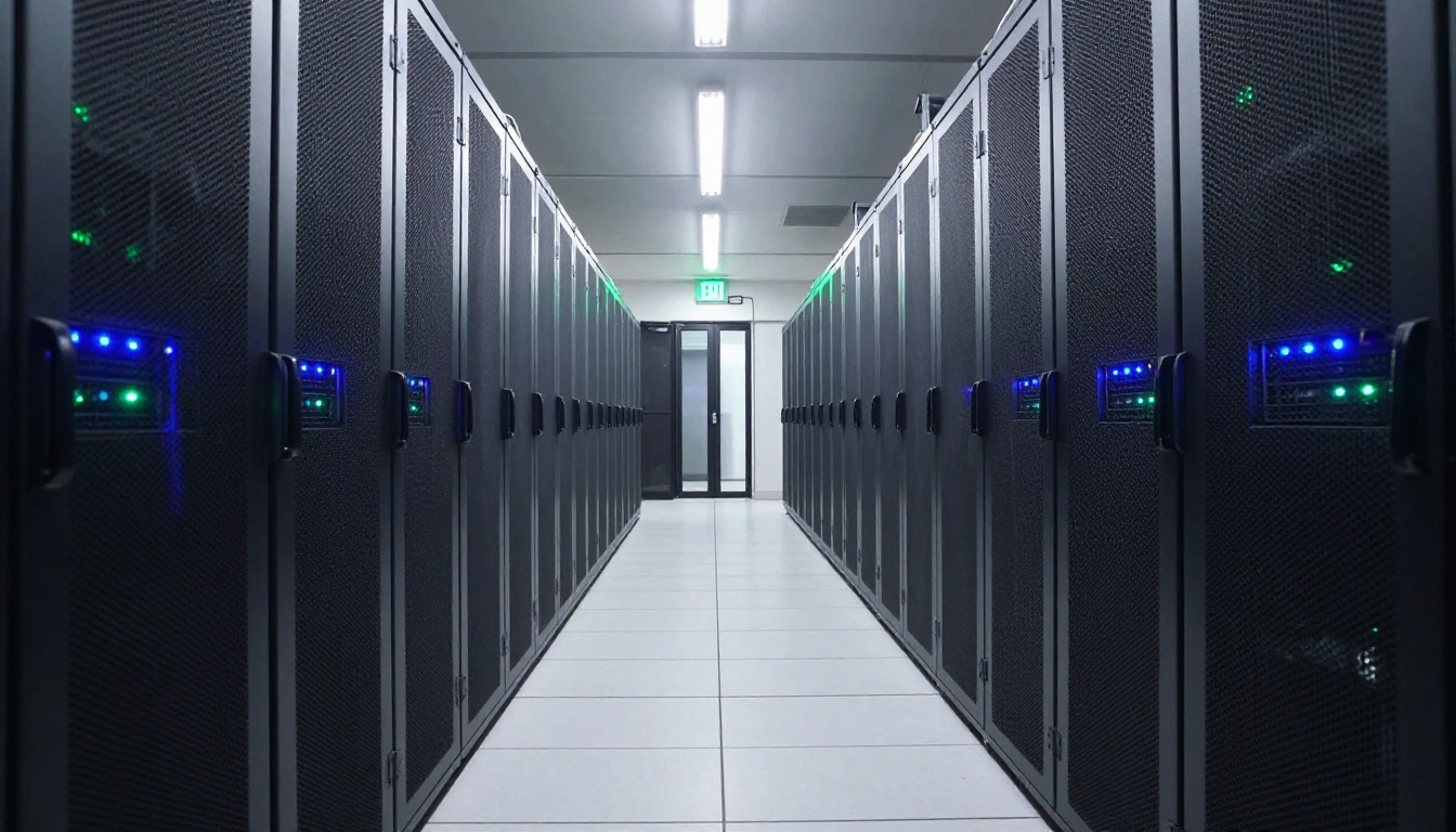 A long server room corridor with rows of rack servers showing status LED indicators A long server room corridor with rows of rack servers showing status LED indicators