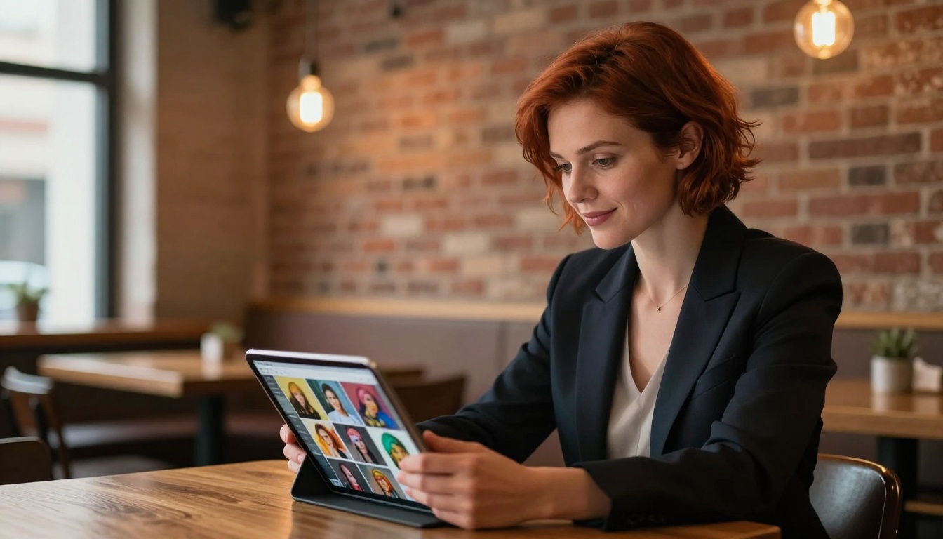 A woman at a warm café examining a tablet showing AI-generated portrait photography A woman at a warm café examining a tablet showing AI-generated portrait photography