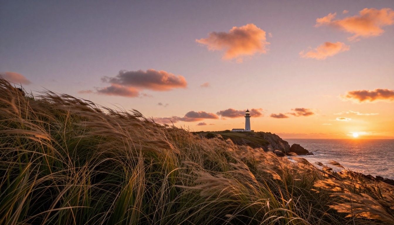A dramatic coastal clifftop at golden hour with tall windswept grass in the foreground and a lighthouse on the distant headland A dramatic coastal clifftop at golden hour with tall windswept grass in the foreground and a lighthouse on the distant headland