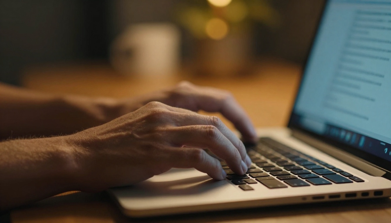 Hands typing on a laptop keyboard in a warm dimly lit study room Hands typing on a laptop keyboard in a warm dimly lit study room