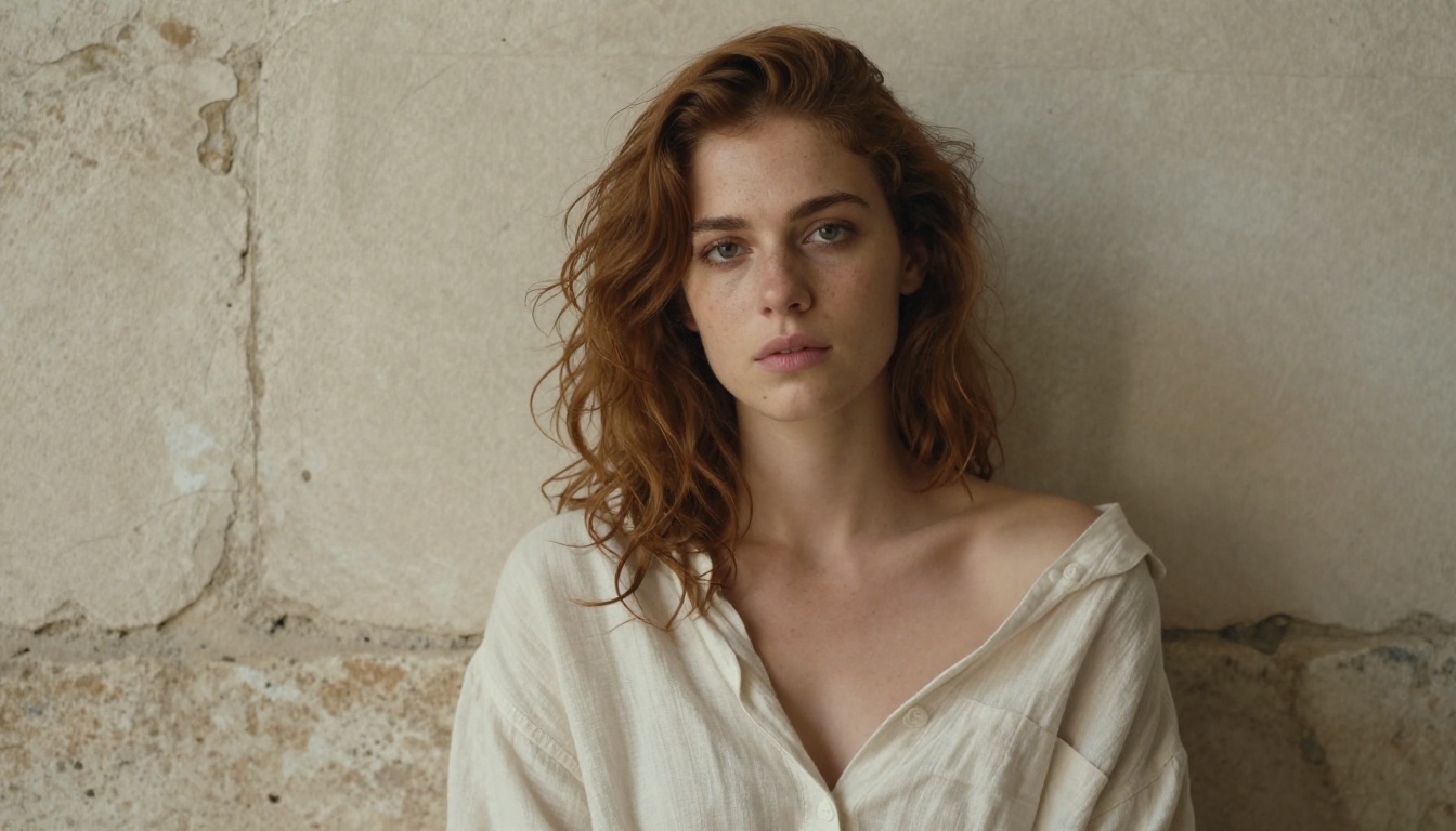 Portrait of an auburn-haired woman seated against a limestone wall, linen shirt off one shoulder, overcast light Portrait of an auburn-haired woman seated against a limestone wall, linen shirt off one shoulder, overcast light