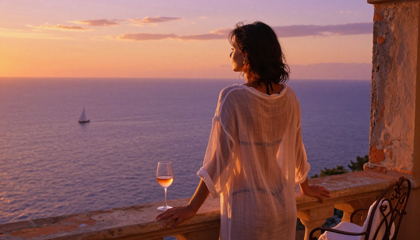 Woman in sheer white linen cover-up on hotel balcony, Adriatic Sea sunset, backlit through fabric