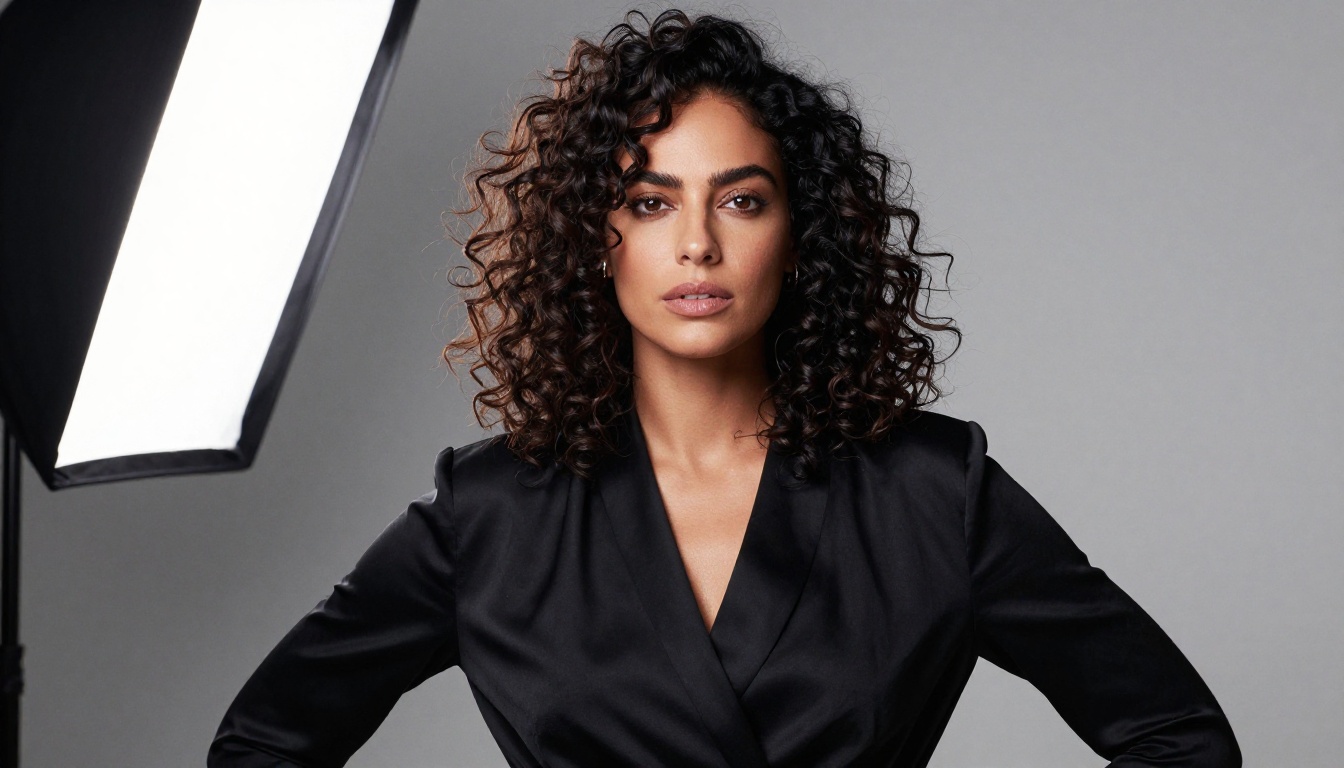 Editorial studio portrait of a woman with dark curly hair in a high-fashion pose, grey seamless backdrop Editorial studio portrait of a woman with dark curly hair in a high-fashion pose, grey seamless backdrop