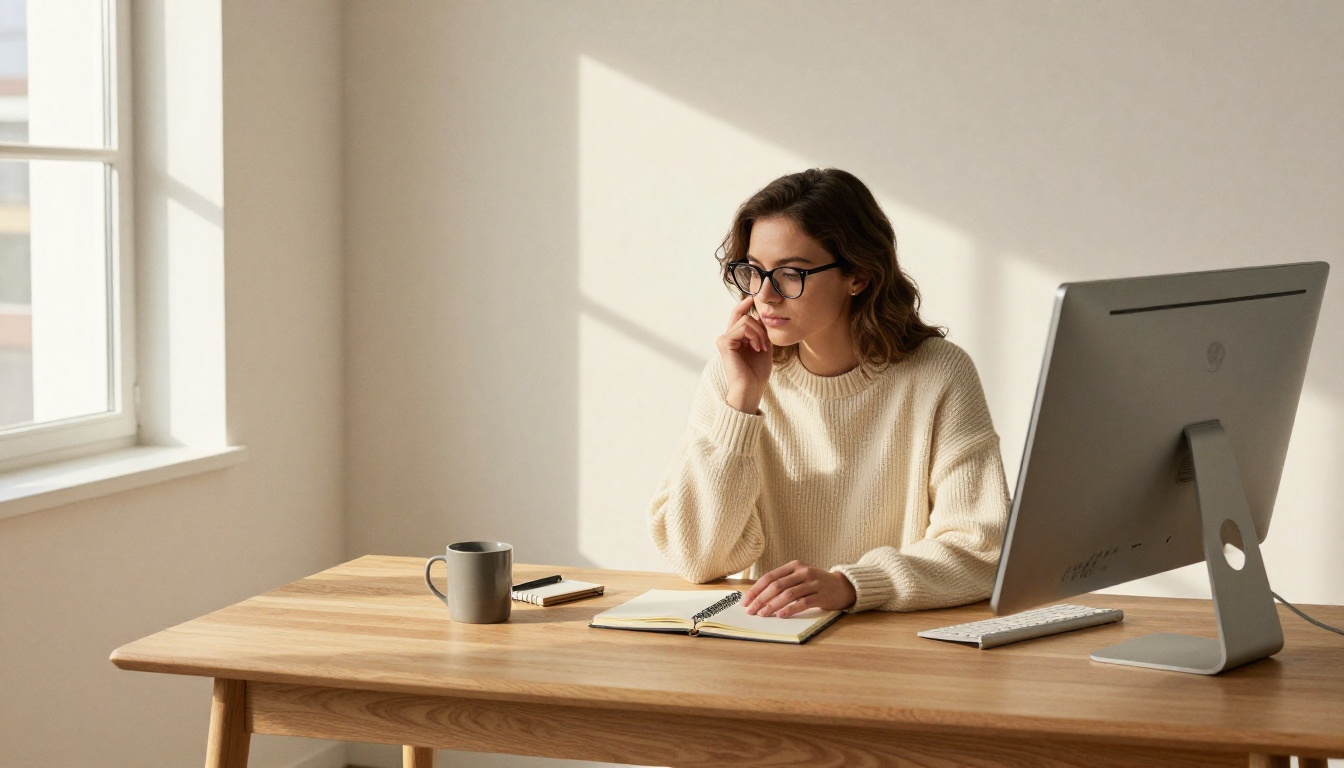 Young woman with glasses working focused at a Scandinavian home office desk, large monitor, soft natural daylight Young woman with glasses working focused at a Scandinavian home office desk, large monitor, soft natural daylight