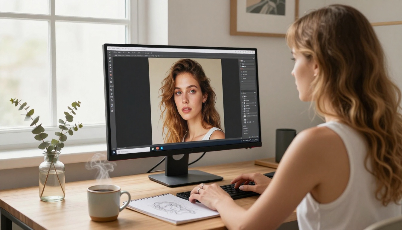 Woman at wooden desk, over-shoulder view, AI image generation interface visible on monitor