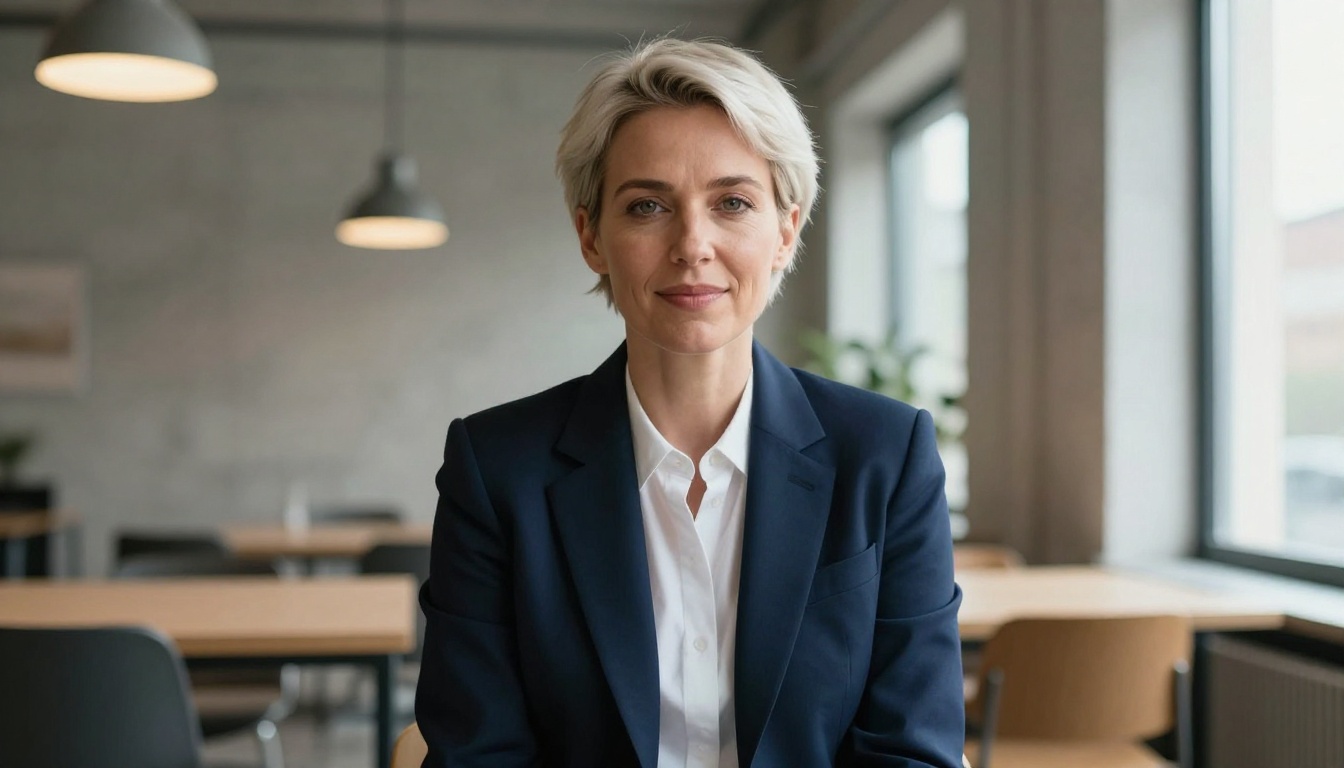 Professional editorial portrait of a platinum-blonde woman at a co-working space in a navy blazer, direct gaze Professional editorial portrait of a platinum-blonde woman at a co-working space in a navy blazer, direct gaze