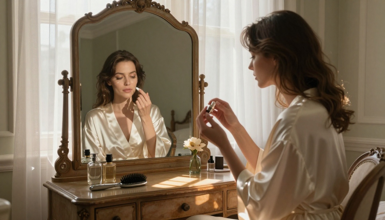 Woman in cream silk robe at antique vanity mirror, morning light, intimate boudoir atmosphere