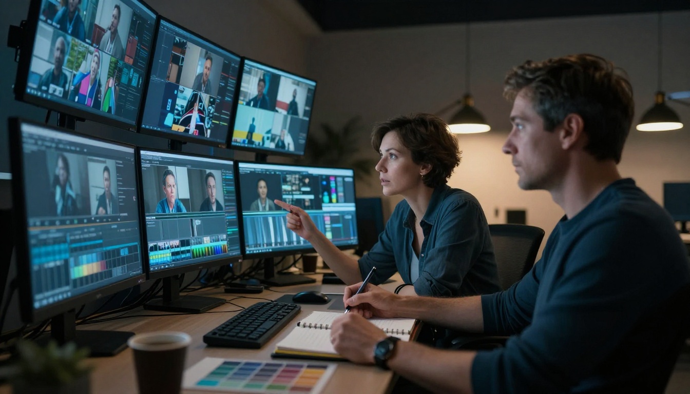 Two professional video editors comparing AI-generated footage at color-grading workstation Two professional video editors comparing AI-generated footage at color-grading workstation