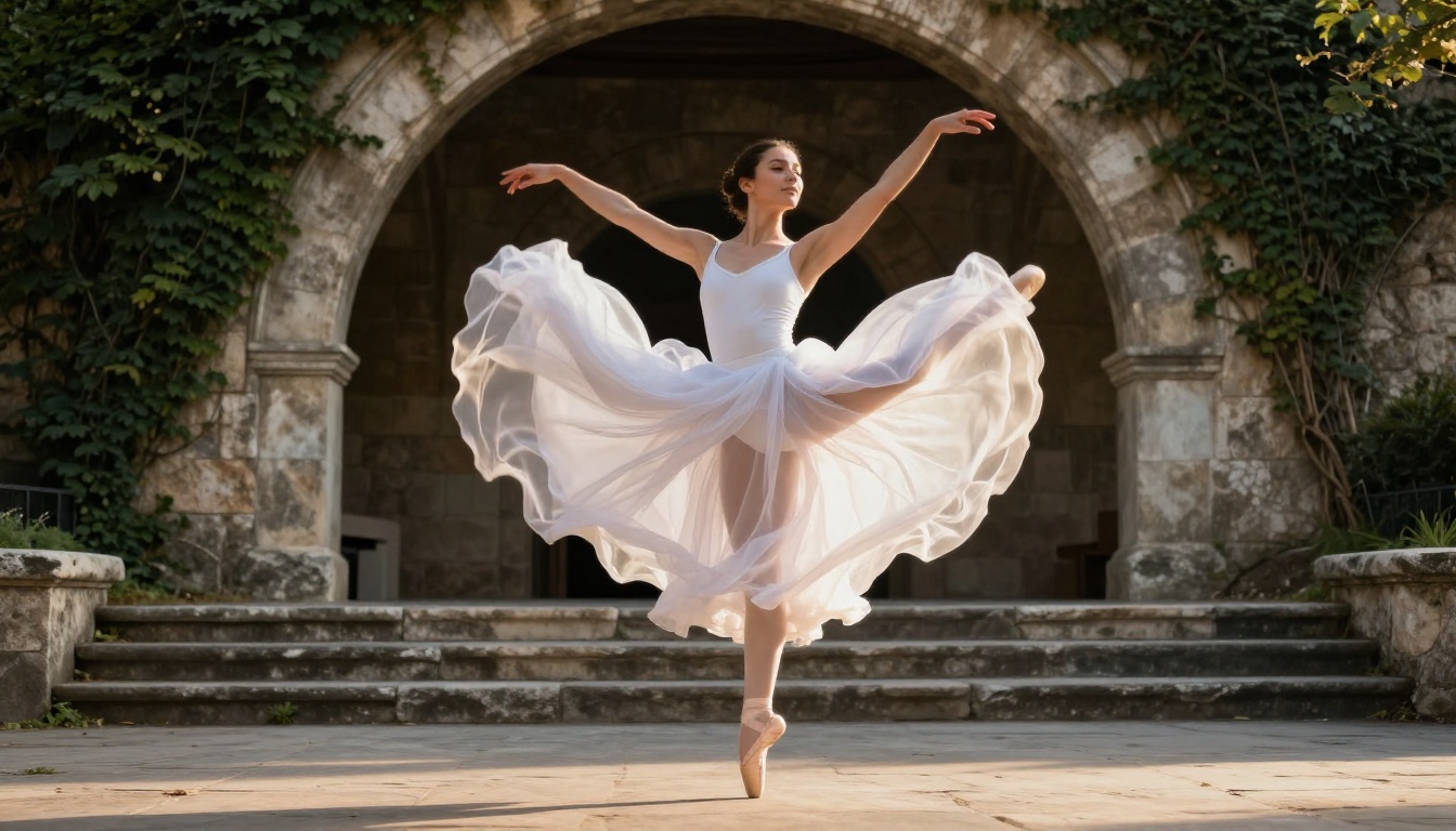 Ballet dancer captured at peak motion with perfect sharpness at golden-hour stone amphitheater Ballet dancer captured at peak motion with perfect sharpness at golden-hour stone amphitheater