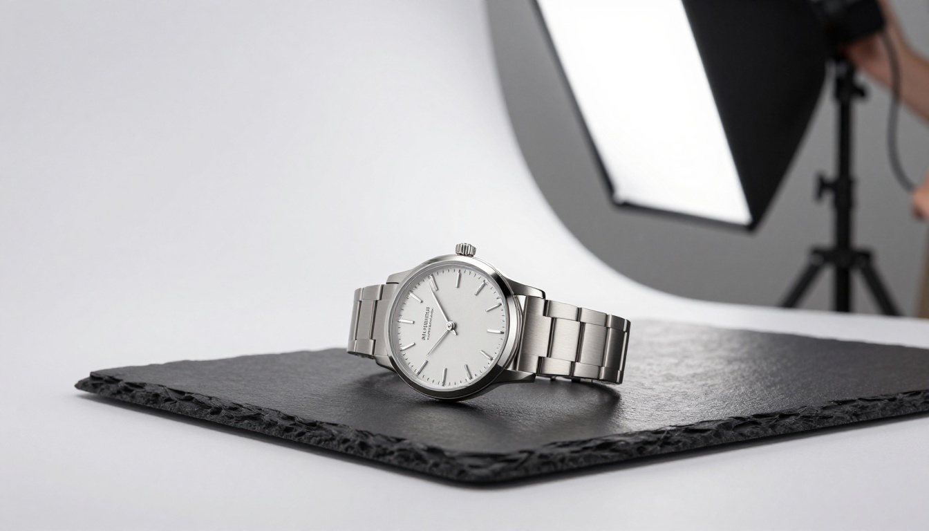 Minimalist product photography studio with precise directional lighting and premium wristwatch Minimalist product photography studio with precise directional lighting and premium wristwatch