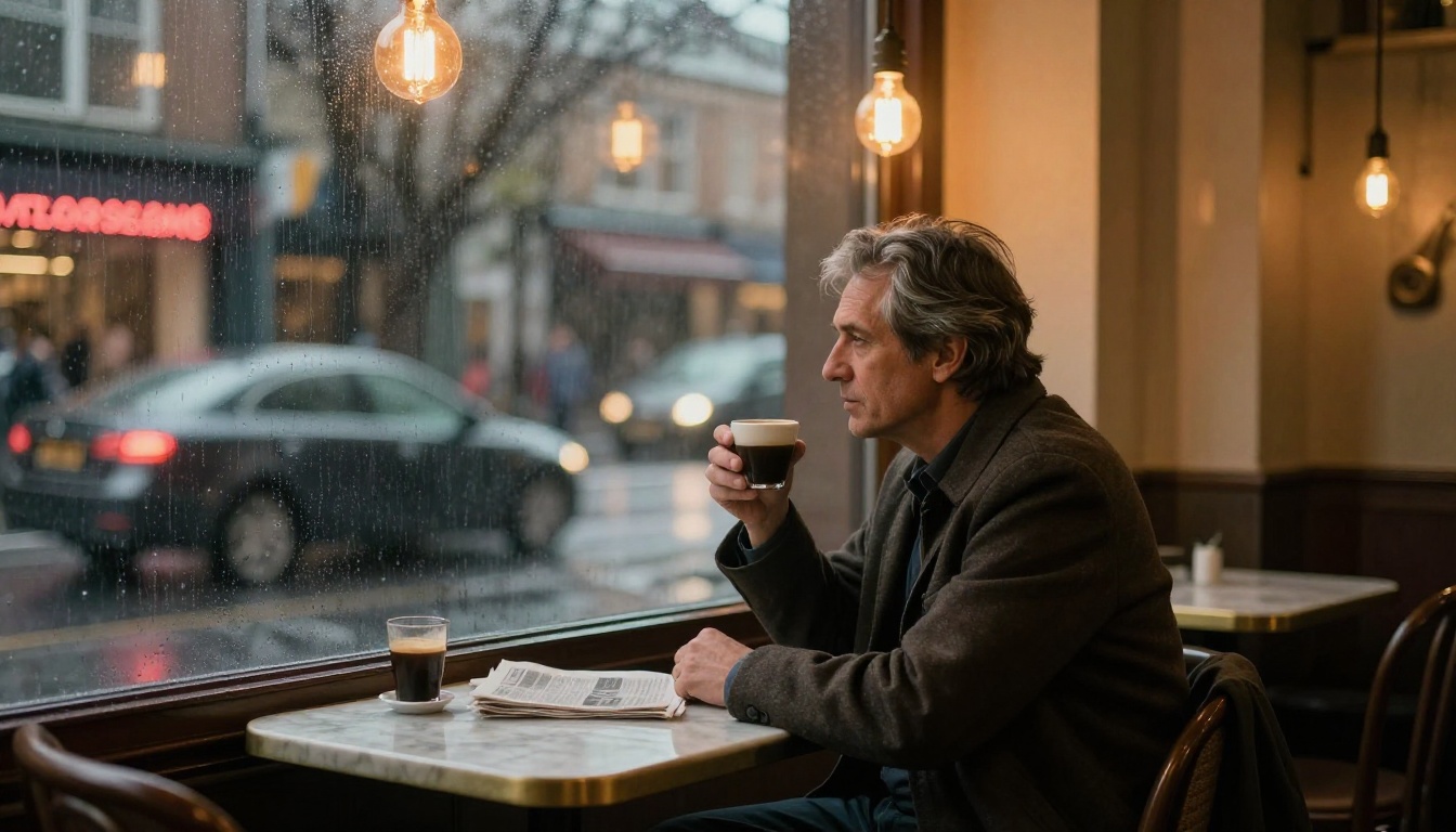 Cinematic scene of silver-haired man at marble café table near rain-streaked window Cinematic scene of silver-haired man at marble café table near rain-streaked window