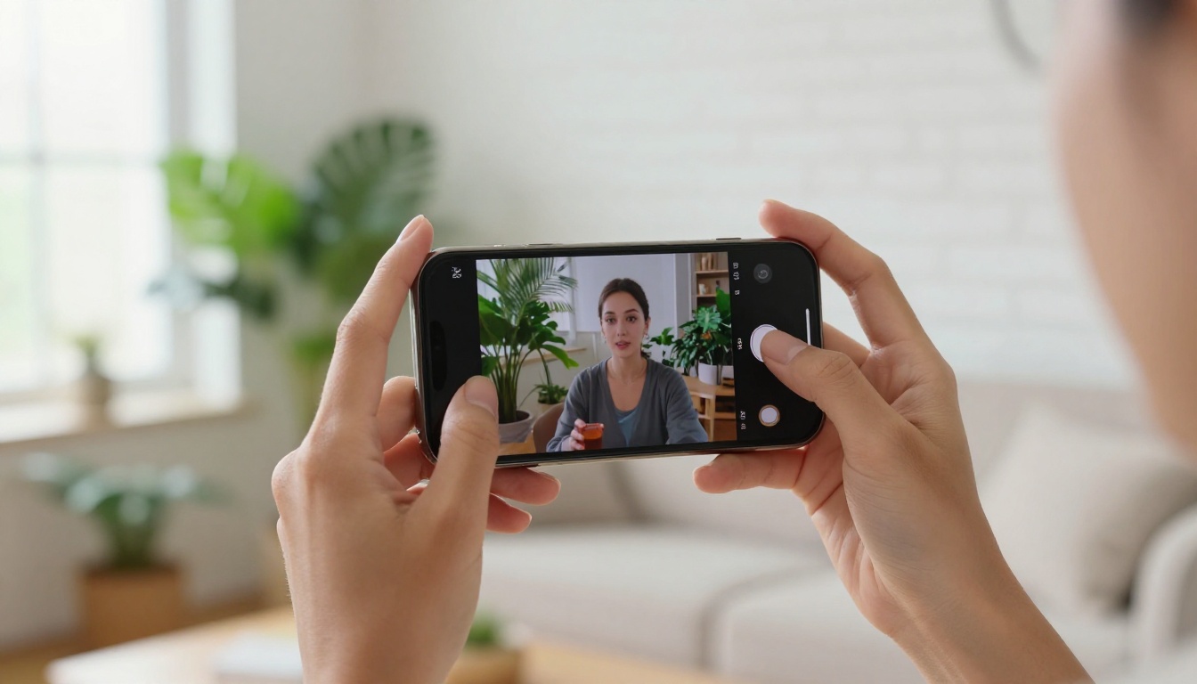 Woman holding smartphone horizontally watching AI-generated video in bright modern apartment Woman holding smartphone horizontally watching AI-generated video in bright modern apartment