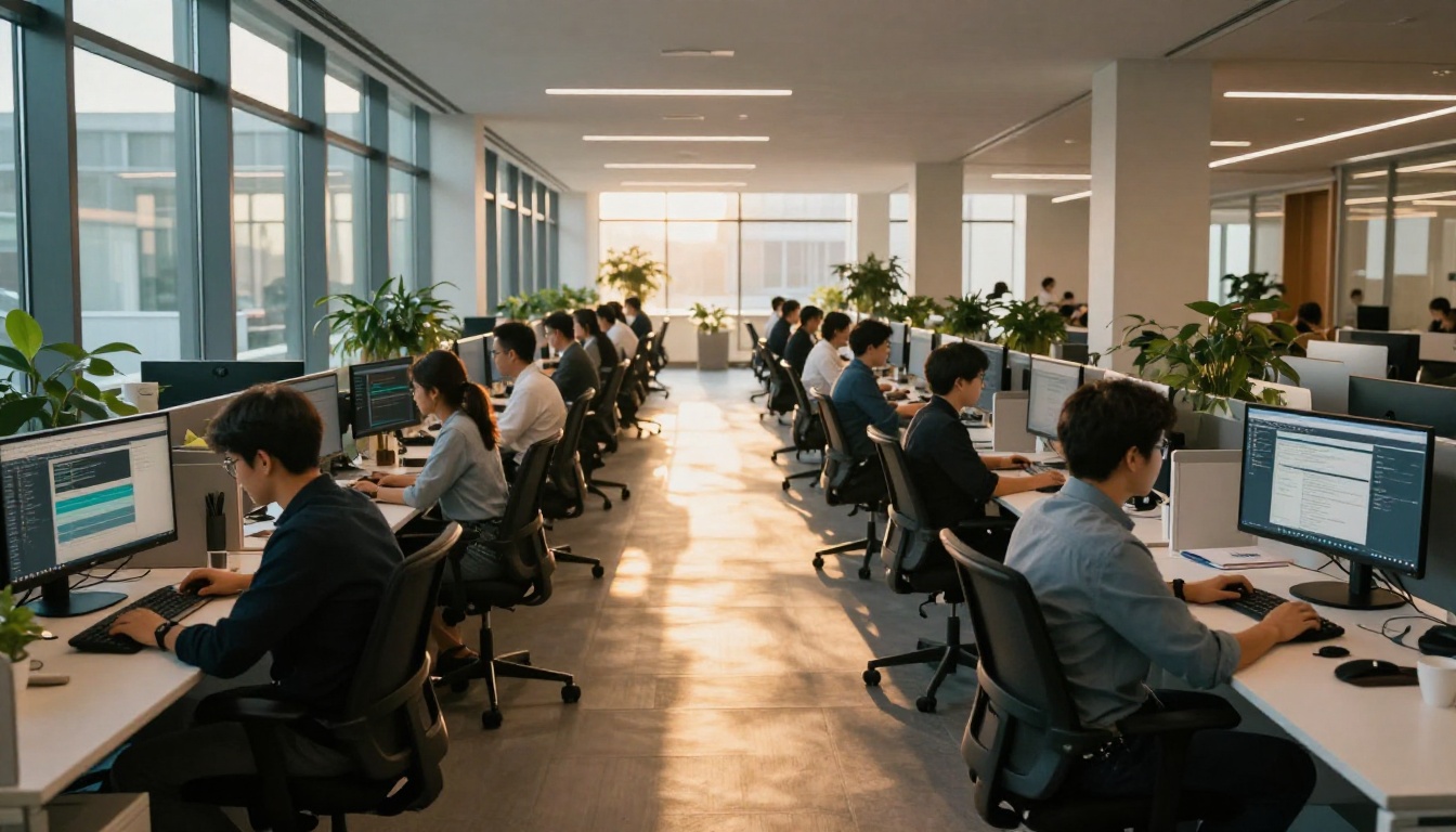 Modern technology company open office corridor with pools of golden skylight and creative teams Modern technology company open office corridor with pools of golden skylight and creative teams