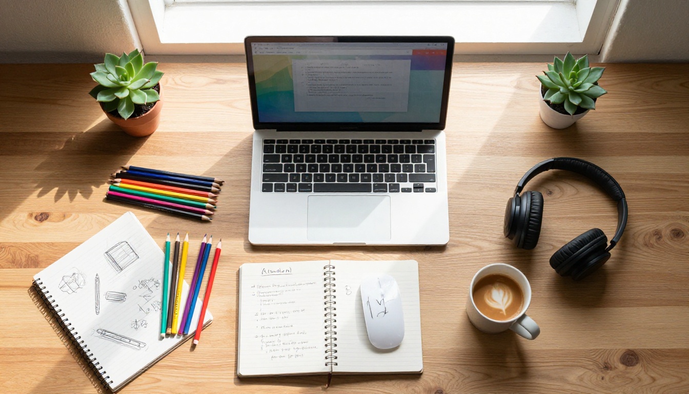 Overhead flat-lay creative workspace with laptop, notebook sketches, colored pencils and coffee Overhead flat-lay creative workspace with laptop, notebook sketches, colored pencils and coffee