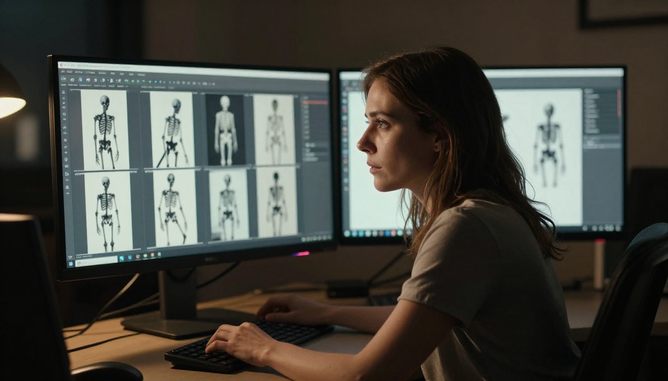 Animator adjusting motion control parameters on illuminated studio desk with wireframe character skeleton visible on background monitor Animator adjusting motion control parameters on illuminated studio desk with wireframe character skeleton visible on background monitor