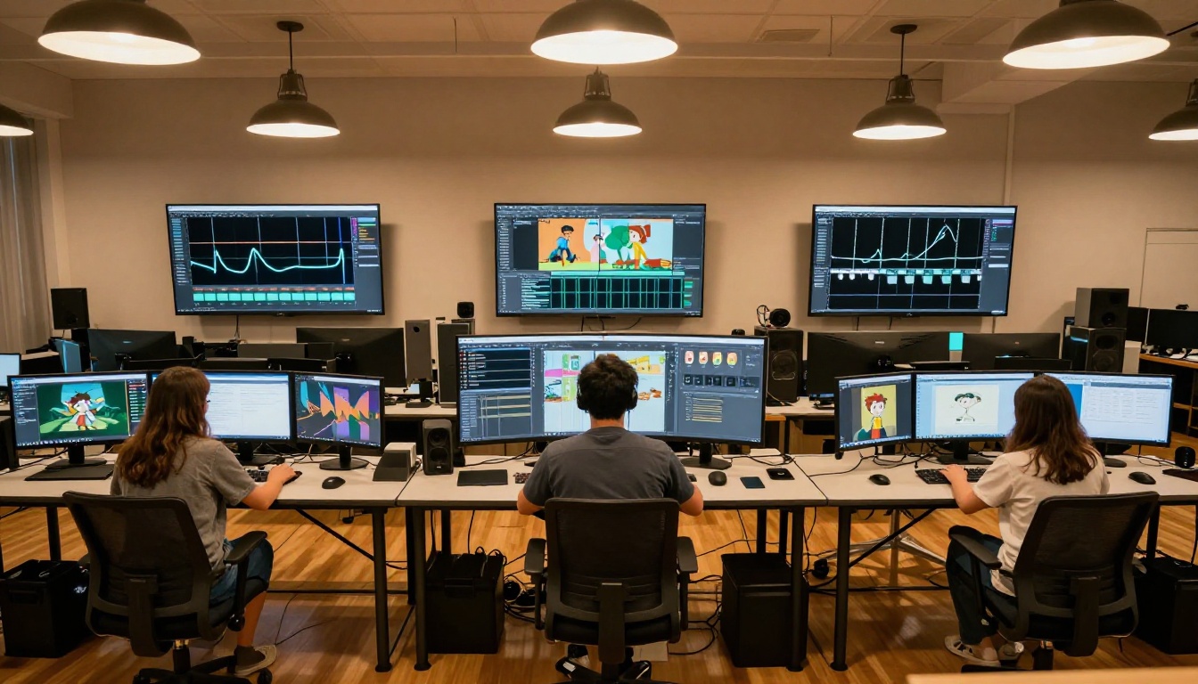 Animation production studio floor with six animator workstations showing timeline interfaces and motion curve graphs Animation production studio floor with six animator workstations showing timeline interfaces and motion curve graphs