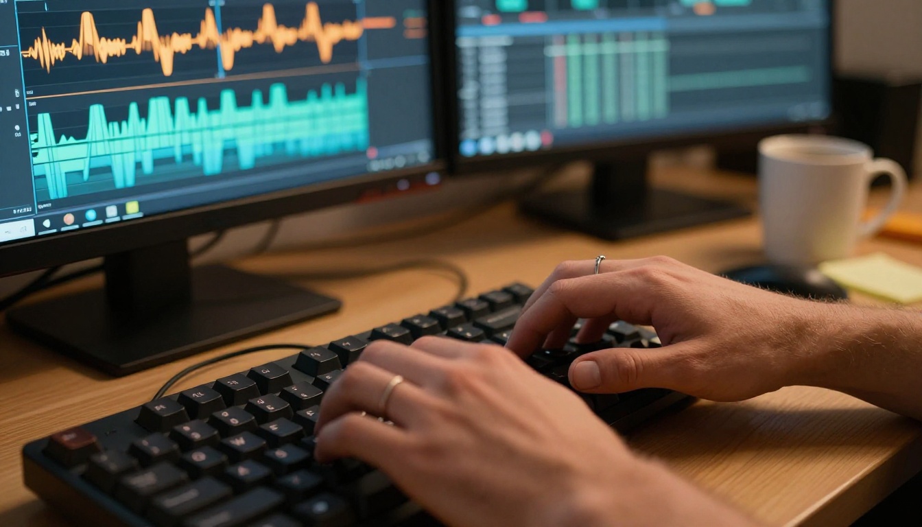 AI video production setup showing editor hands on keyboard with dual-monitor timeline view