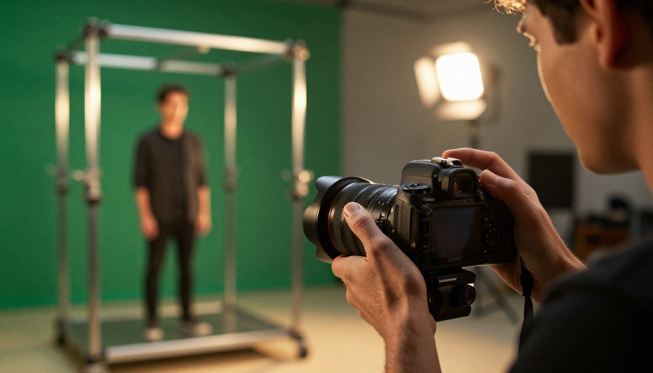 Filmmaker's hands holding DSLR camera in motion control studio with performer visible in background on rig Filmmaker's hands holding DSLR camera in motion control studio with performer visible in background on rig