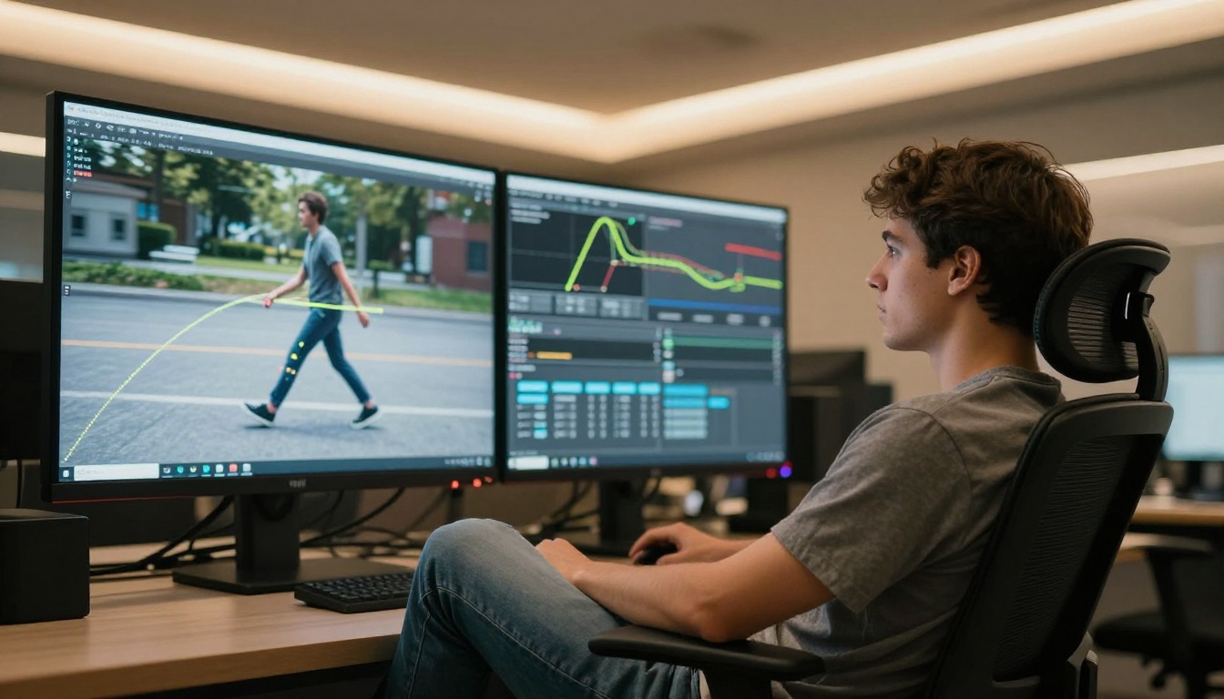 Director leaning back in ergonomic chair studying character walking sequence with motion path overlays on large wall-mounted monitor Director leaning back in ergonomic chair studying character walking sequence with motion path overlays on large wall-mounted monitor